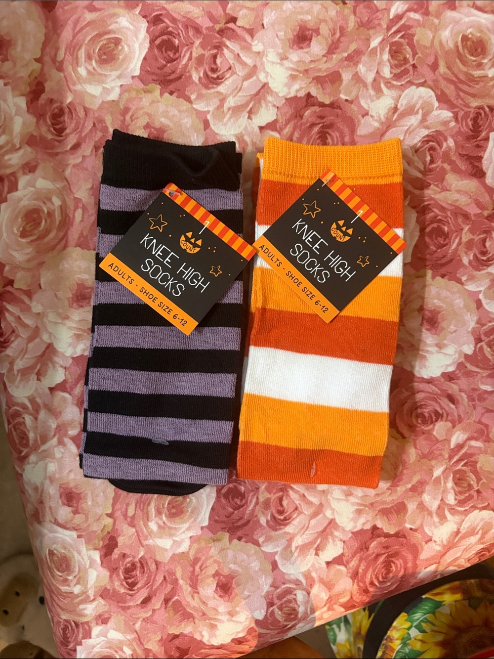 Knee High Striped Socks - Black & Purple / Orange & White - Unbranded